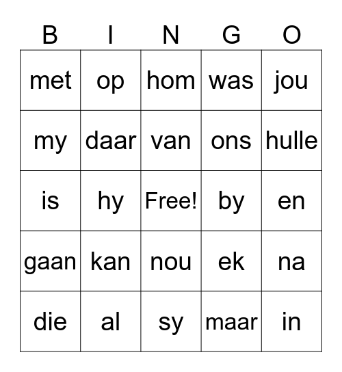 Bingo Gr. 1 Afrikaans HT Bingo Card