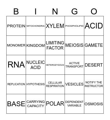 BIOLOGY STATE TEST BINGO Card