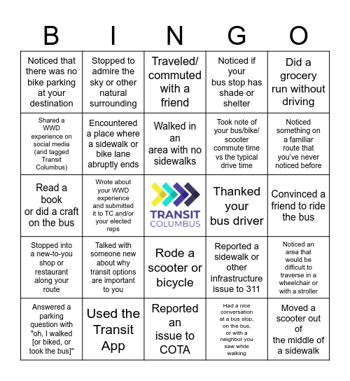 Transit Columbus Week Without Driving Bingo Card