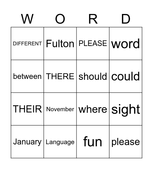 Sight Word Bingo Card