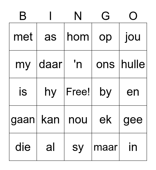 Bingo Gr. 1 Afrikaans HT Bingo Card