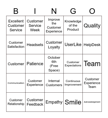 Customer Service Bingo Card