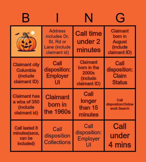 Halloween  Call Center Bingo Card