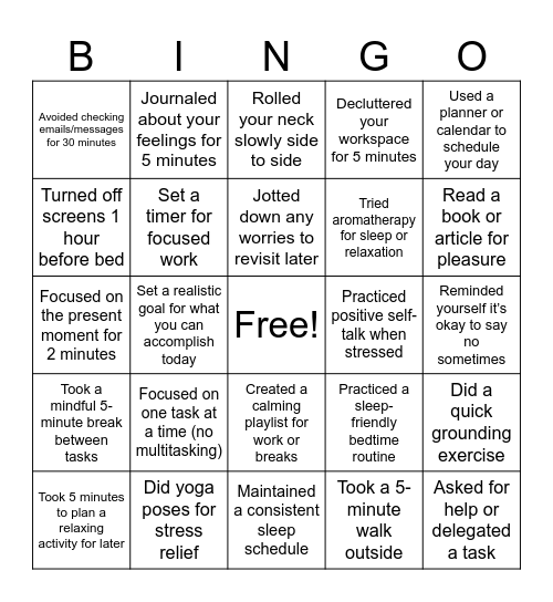Stress Management Bingo 2025 Bingo Card