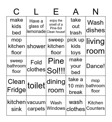 Cleaning Bingo!  Bingo Card