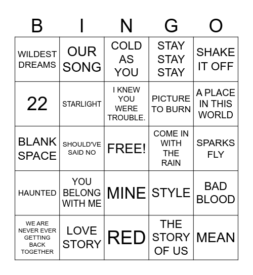 TAYLOR'S OLDIES Bingo Card