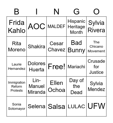 Hispanic Heritage Month Bingo Card