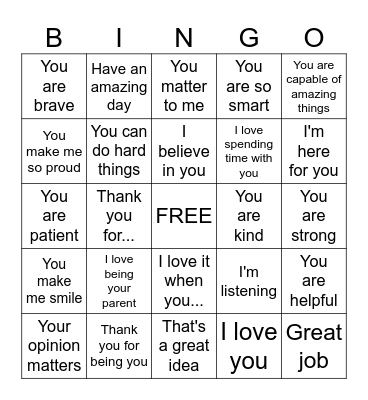 Encouraging Words for our Children Bingo Card