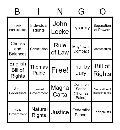 Civic Class Bingo (Immersion) Bingo Card