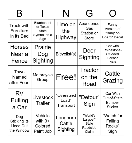 TX Road Trip Bingo! Bingo Card