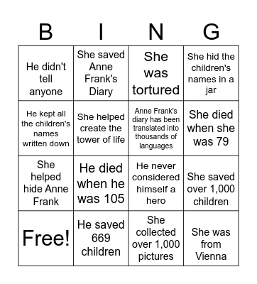 Holocaust Heroes Bingo Card