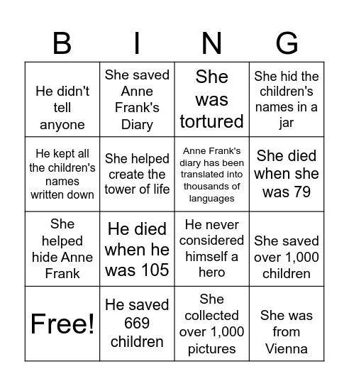 Holocaust Heroes Bingo Card