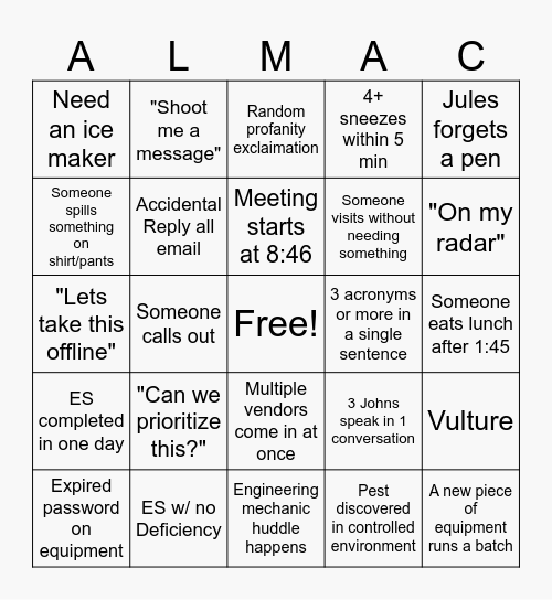ALMAC Bingo Card