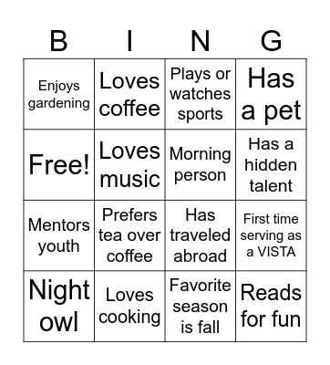 VISTA Bingo Card