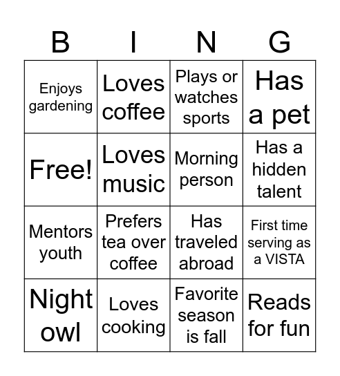 VISTA Bingo Card