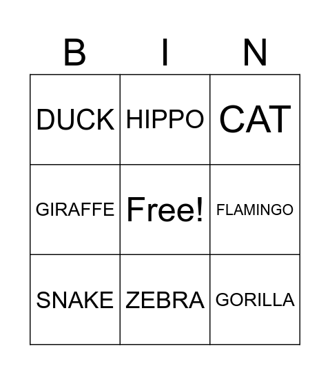 ANIMAL BINGO Card