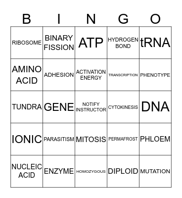 BIOLOGY STATE TEST BINGO Card