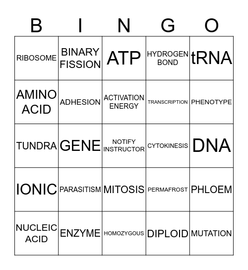 BIOLOGY STATE TEST BINGO Card