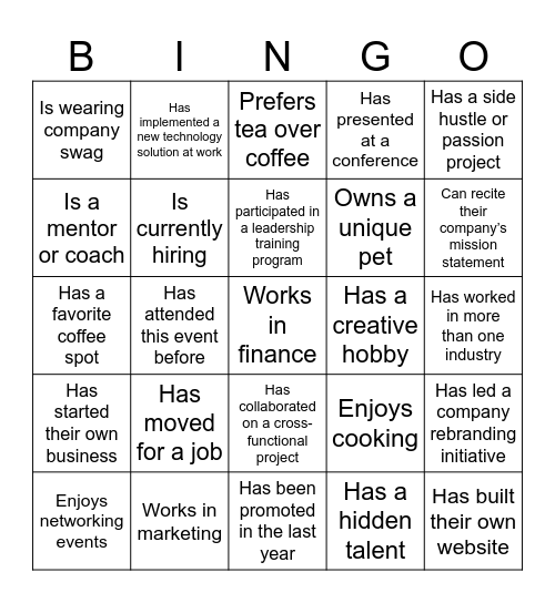 Networking Bingo: Find Someone Who Bingo Card