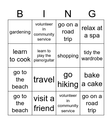Holiday Plans Bingo Card
