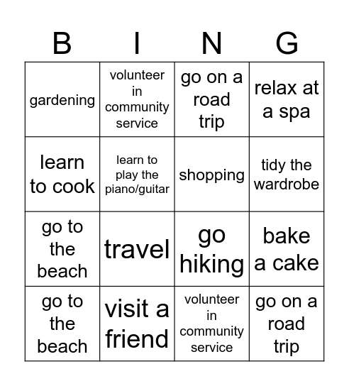 Holiday Plans Bingo Card