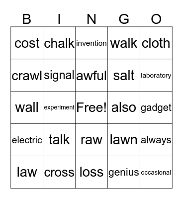 Spelling and Vocabulary Bingo Card