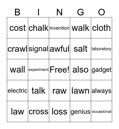 Spelling and Vocabulary Bingo Card