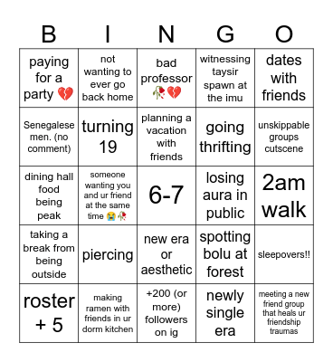 freshman year canon event bingo first sem Bingo Card