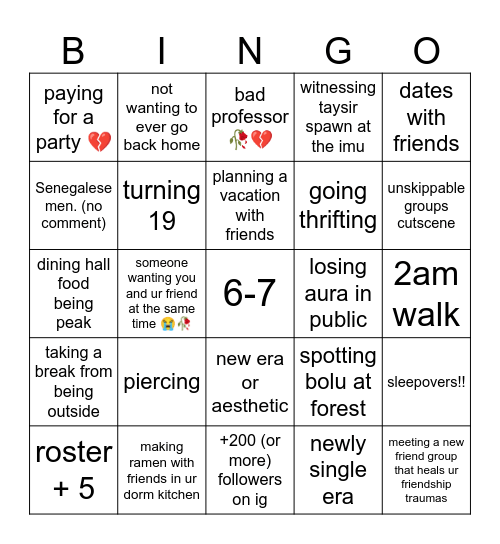 freshman year canon event bingo first sem Bingo Card