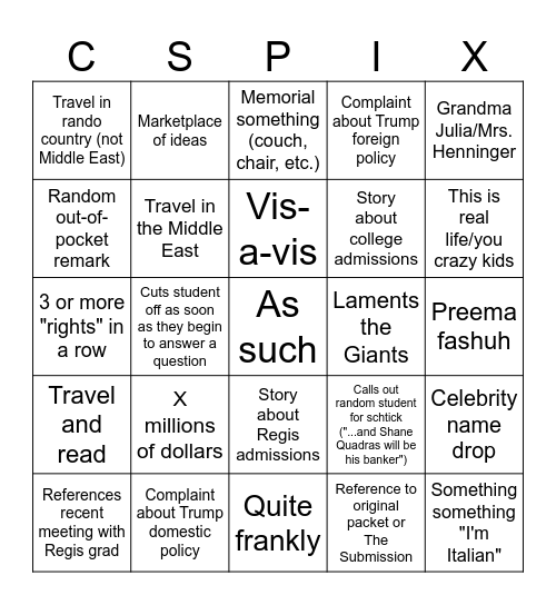Sispee Bingo Card
