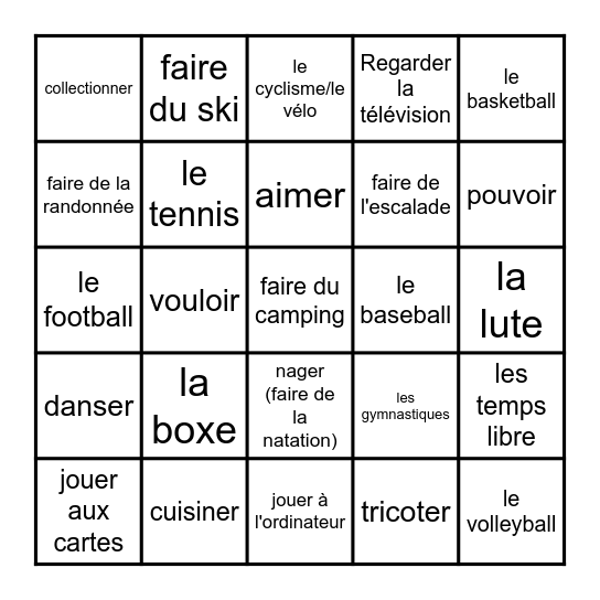Passe-temps et sports Bingo Card