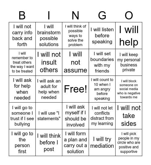Conflict Resolution Bingo Card