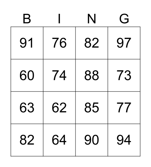 Adding Tens Bingo Card