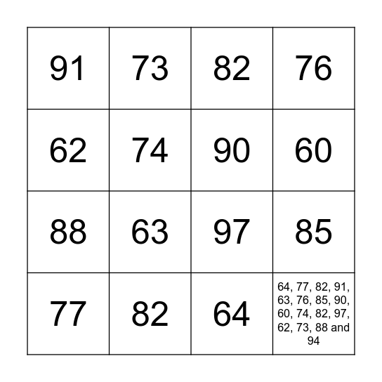 Adding Tens Bingo Card