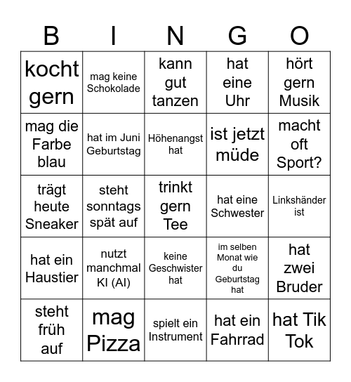 Kennenlernen-Bingo A1 Bingo Card