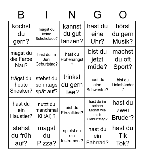 Kennenlernen-Bingo A1 Bingo Card