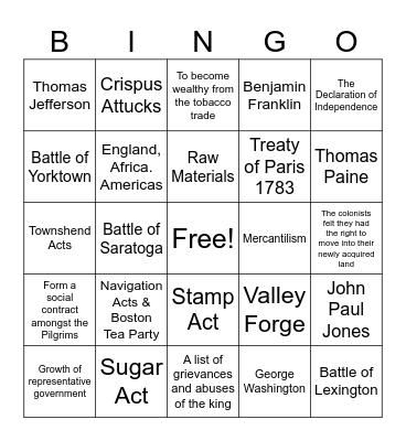 U.S. History Bingo Card
