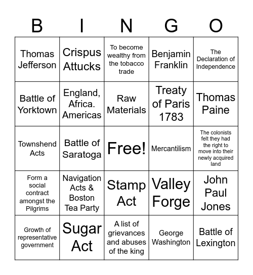 U.S. History Bingo Card