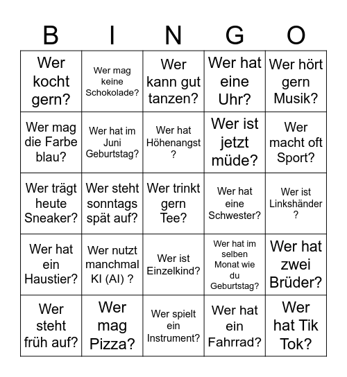 Kennenlernen-Bingo A1 Bingo Card