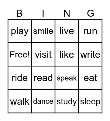 Action words Bingo Card