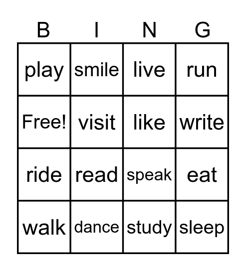 Action words Bingo Card