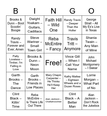 80's & 90's Country Bingo Card