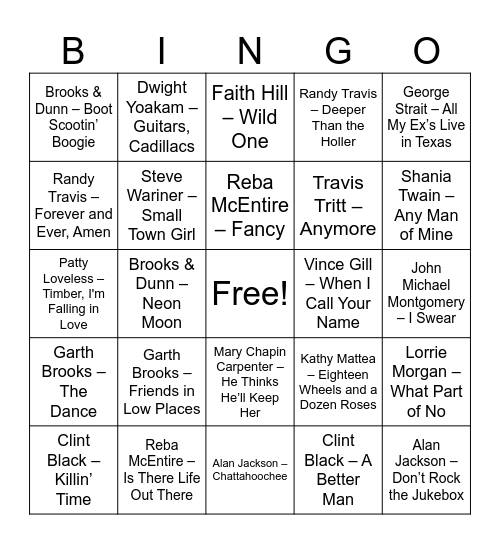 80's & 90's Country Bingo Card