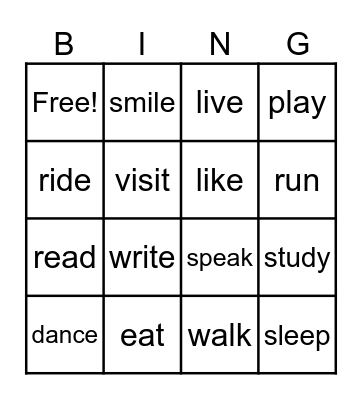 Action words Bingo Card