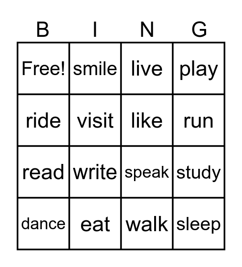 Action words Bingo Card