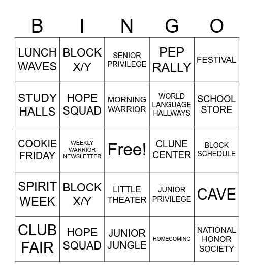 Wilton High School Bingo Card