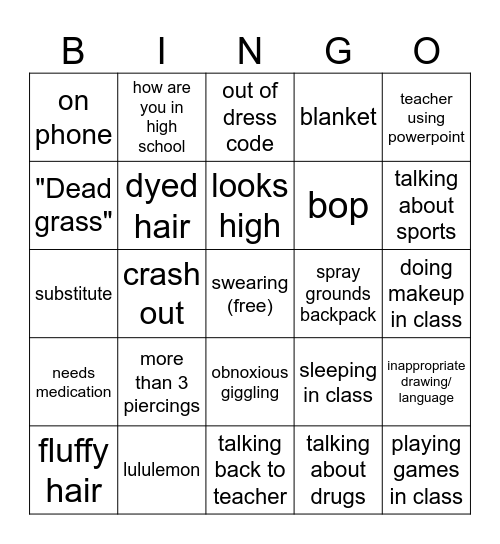 high school starter pack Bingo Card
