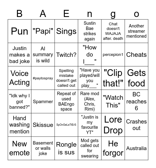 BAEngo Bingo Card