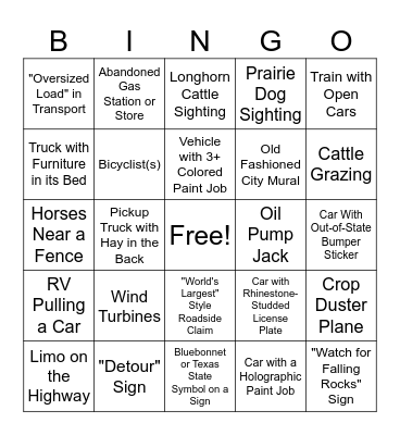 Texas Road Trip Bingo Card