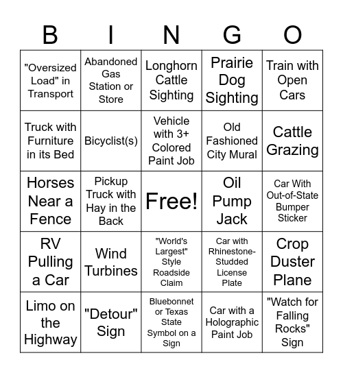 Texas Road Trip Bingo Card